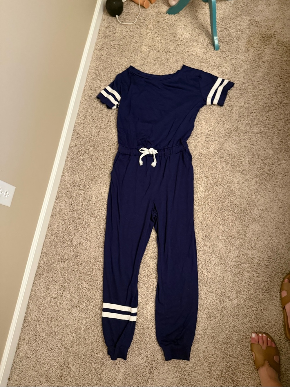 Women’s Navy Blue Short-Sleeve Jumpsuit with White Stripe Detail